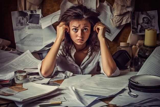 Stressed young woman reviewing her bills reflecting financial strain during a recession