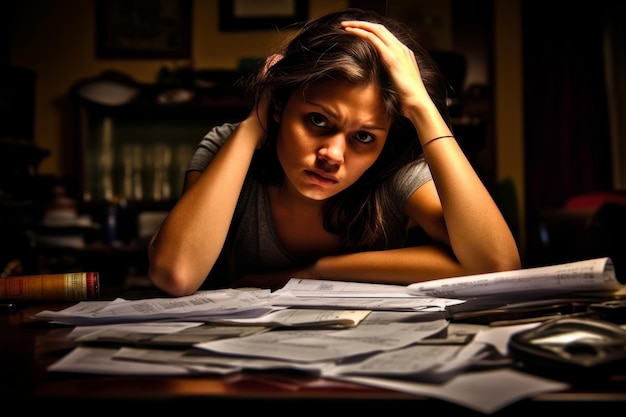 Stressed young woman reviewing her bills reflecting financial strain during a recession