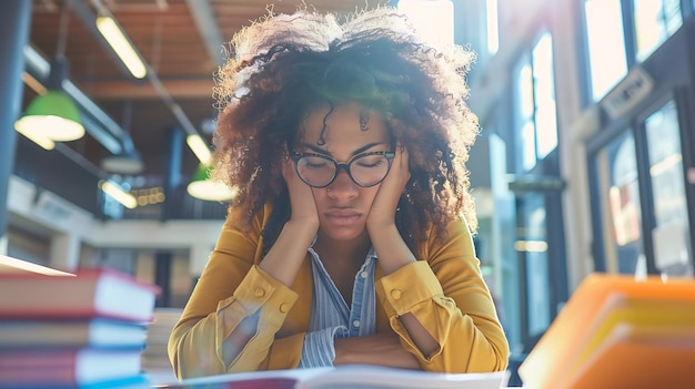 Photo stressed young woman sitting at her desk in the office holding her head in her hands