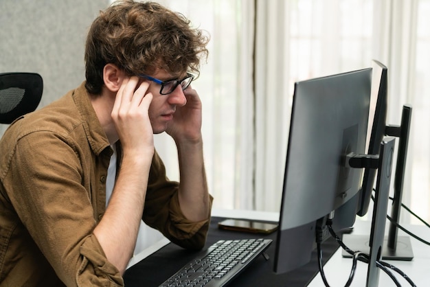 Photo stressful creative manager searching design with new presentation gusher