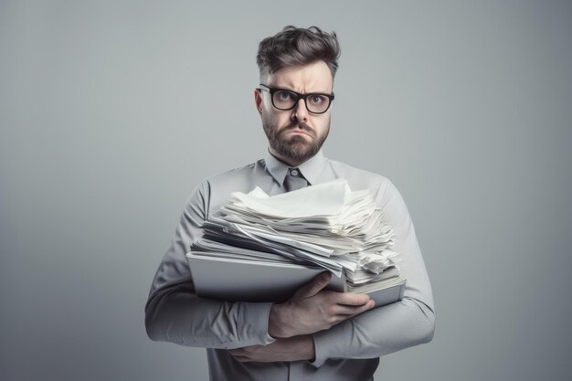 Stressful man with folders paper report Sad executive work business Generate Ai