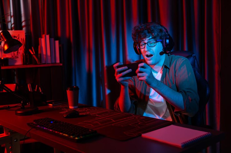 Photo stressful streamer team playing with esport on phone with harder game gusher