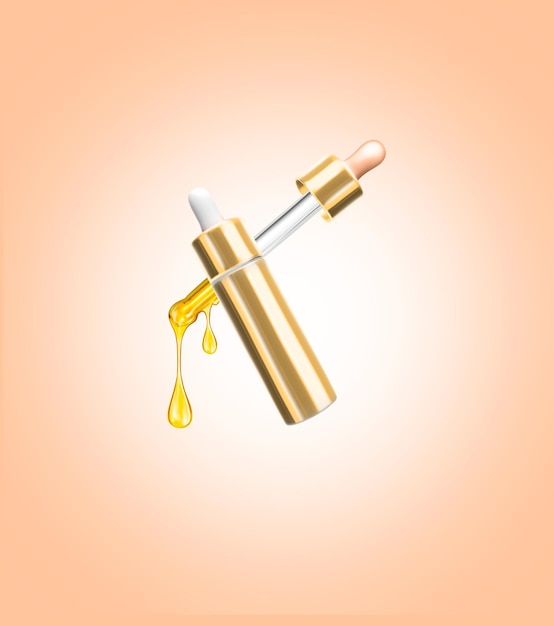 Stretched oily drops on gold glass bottle with pipette on beige\
background skin care product