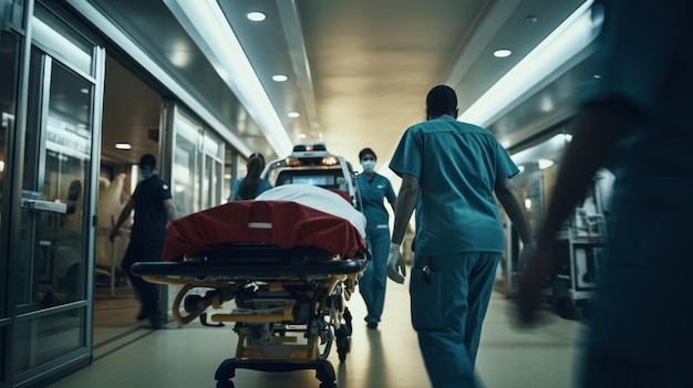 Photo stretcher and parademics in emergency hospital corridor