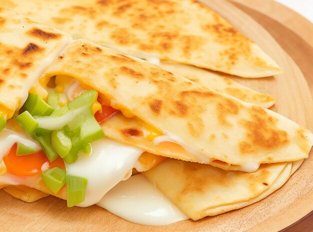 Stretching cheese and filling closeups inside mexican quesadilla