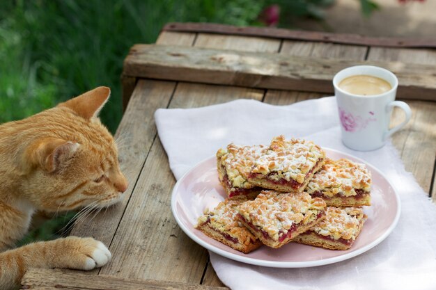 ローズジャムを詰めたシュトロイゼルパイ。コーヒーを添えて。素朴なスタイル。