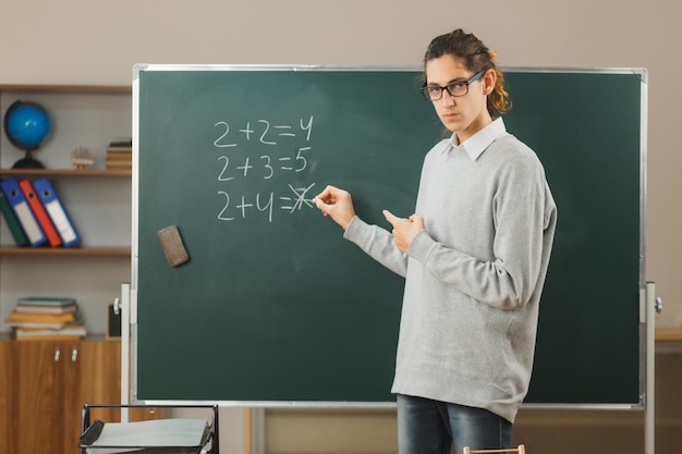 strict looking at camera young male teacher standing on front of blackboard and write in classroom