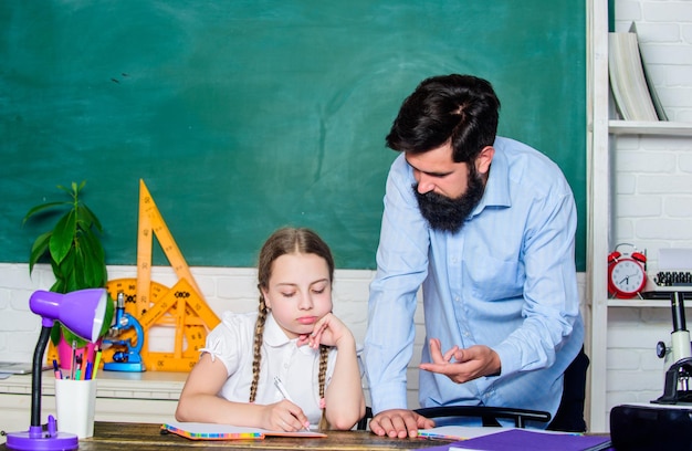 Strict pedagogue Pedagogue skills Doing hometask paperwork Tired kid unmotivated study learn Private lesson Homeschooling with father School teacher and schoolgirl Man bearded pedagogue