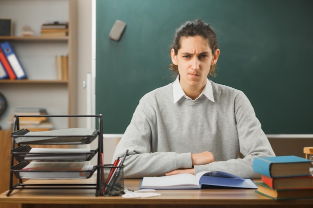 strict young male teacher sitting at desk with school tools on in classroom