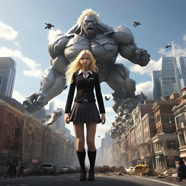 Photo a striking 3d portrayal of a schoolgirl turned giantess