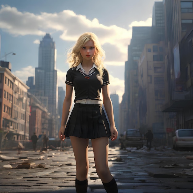 Photo a striking 3d portrayal of a schoolgirl turned giantess