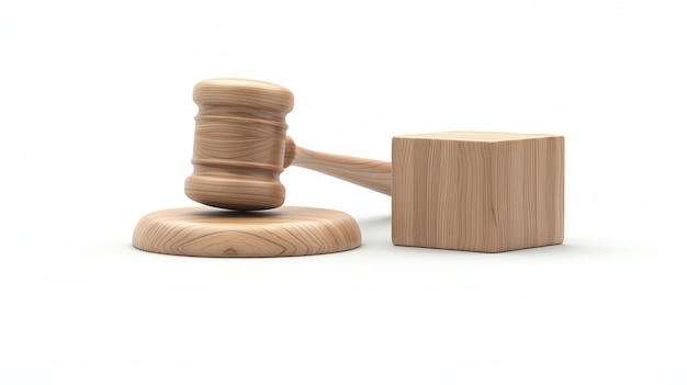 A striking 3D rendering of a classic gavel and sound block icon artfully showcased against a clean white background Perfect for legal justice and courtthemed designs