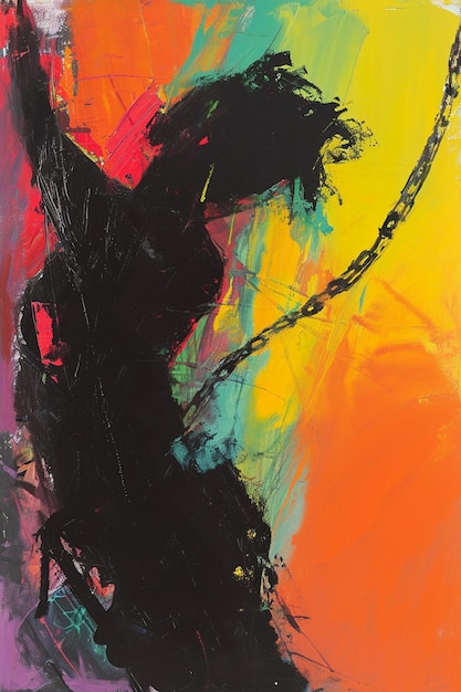 A striking abstract expressionist painting of a female figure breaking free from chains