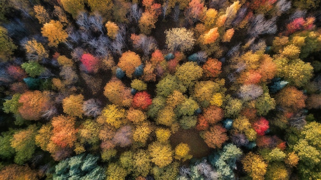 A striking aerial image of a diverse forest displaying a captivating array of colors as the foliage transitions to fall