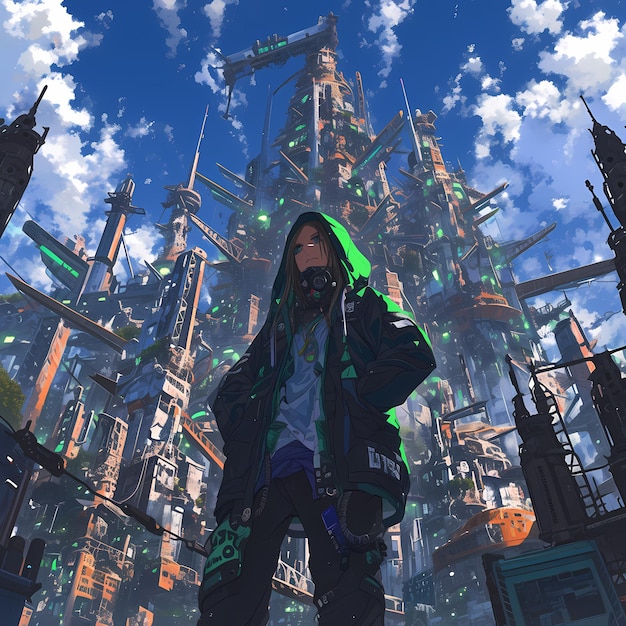 Photo striking anime hero in urban scifi setting