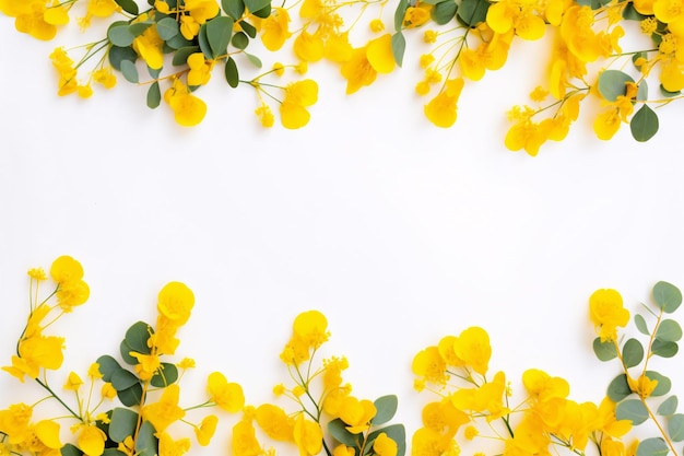 Foto una sorprendente disposizione di fiori gialli e foglie di eucalipto su uno sfondo bianco visto dall'alto con ampio spazio per il testo