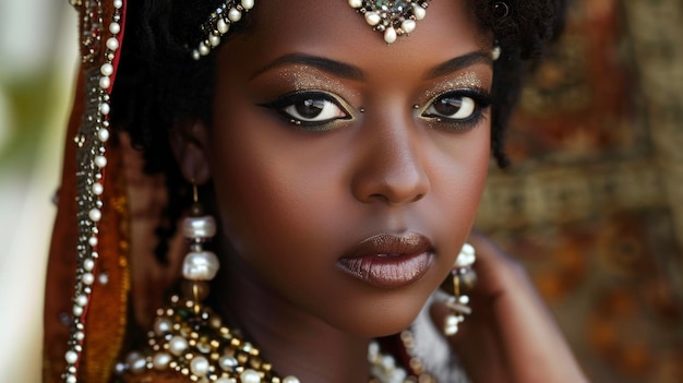 A striking black woman poses proudly in a traditional persian dress adorned with pearls of varying