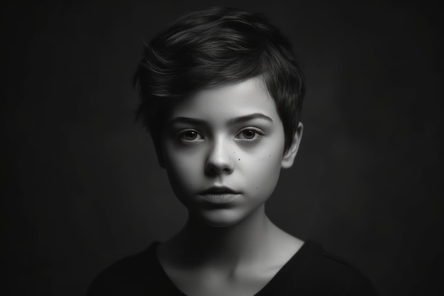 Striking blank and white portrait of a young girls with short hair