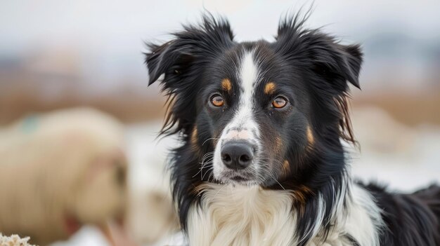 Striking Border Collie Dog with Intense Gaze Posing Outdoors on a Cloudy Day Fluffy Pet Enjoying