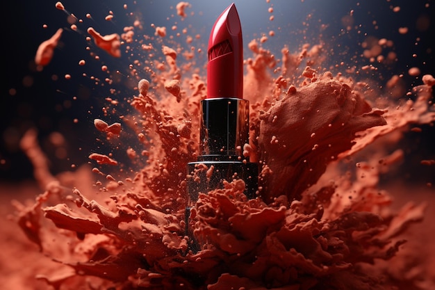 Photo striking burst of red dust enhances the presence of designer lipstick