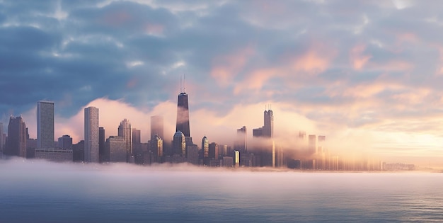 霧の空のシカゴのスカイライン写真