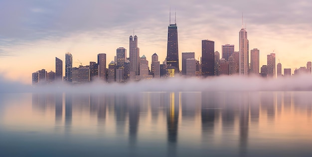 霧の空のシカゴのスカイライン写真