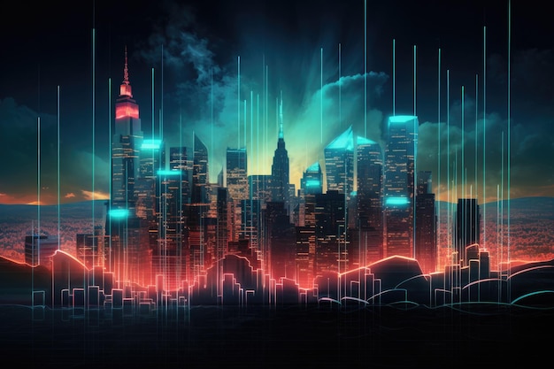 A striking cityscape comes to life under a mesmerizing sky filled with radiant neon lights A steeply rising stock market chart in a cyberpunk style AI Generated