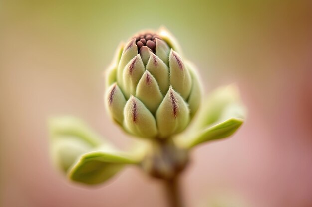 A striking closeup of a green flower bud capturing the intricate details and featuring a soft blurred background Generated by AI