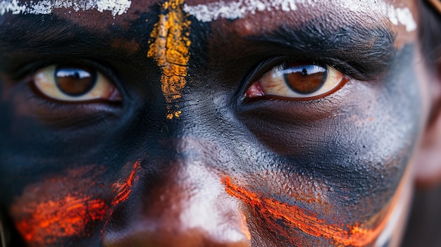 A striking closeup portrait highlighting the intricate face paint and spirited expression