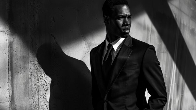 The striking contrast of shadows and light plays upon the features of a beautiful black man dressed