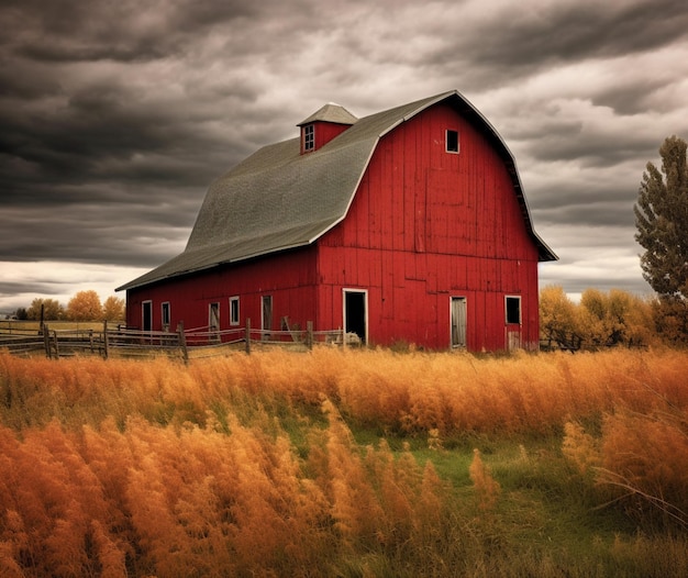Striking contrast with a red barn in the background