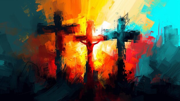 Striking depiction of three crosses symbolizing Easter Sunday with bold brush strokes