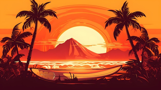 Striking illustration of a surfboard with a tropical sunset in the background