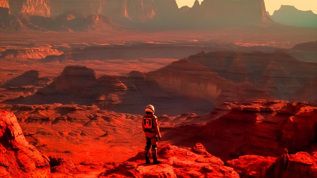 Поразительное изображение астронавта на Марсе с красным ландшафтом, отражающимся в его визоре.