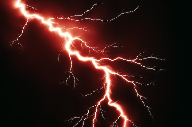 Photo a striking image of a bright red thunder lightning bolt piercing through a dark sky