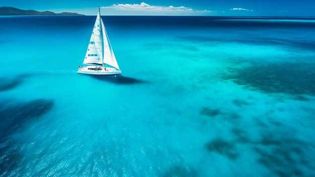 A striking image of a crewed catamaran offering a highend bespoke sailing experience through tranquil waters