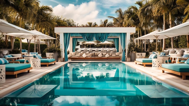 A striking image of an exclusive beach club39s pool area offering an inviting and stylish environment for relaxation