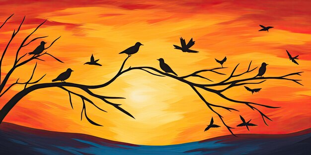 striking image featuring bird silhouettes against a vibrant colorful sky The birds should appear i