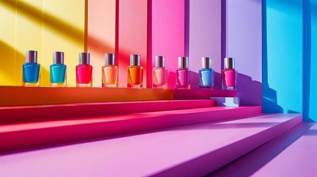 A striking image featuring unbranded nail polish bottles in vibrant colors