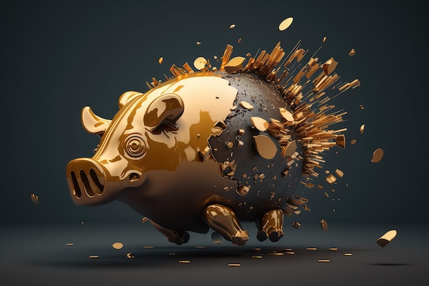 Photo striking image of a golden bitcoin bursting through a broken traditional piggy bank