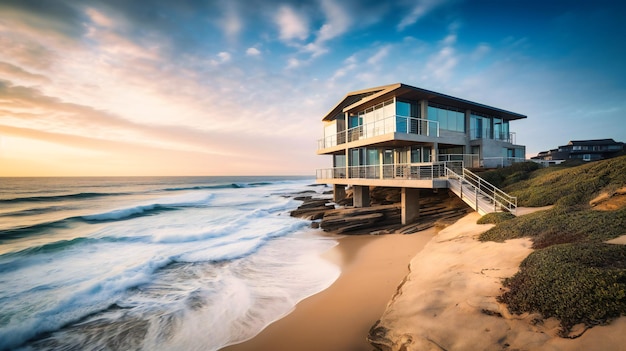 Un'immagine sorprendente di una lussuosa casa in affitto sulla spiaggia che mostra un design moderno e una vista mozzafiato sull'oceano