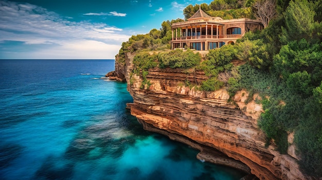 A striking image of a magnificent summer villa rental perched on a cliff offering unparalleled views of a tranquil bay