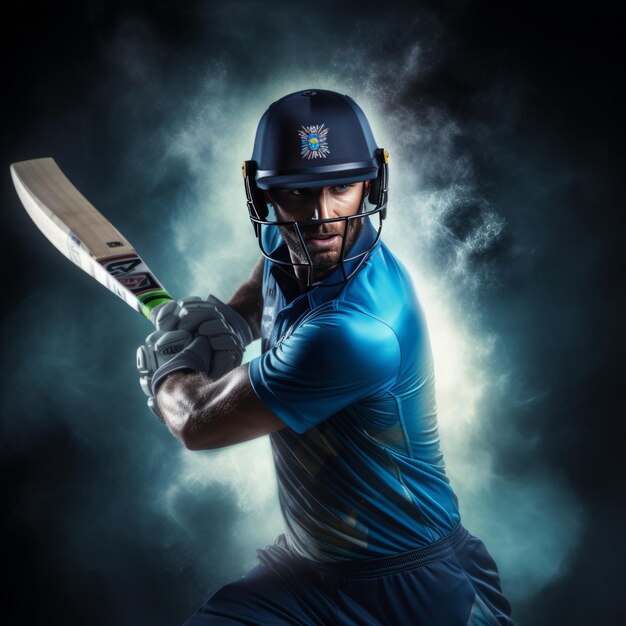 Photo the striking impression a cricketer's portrait embracing dark indigo and light aquamarine spotligh