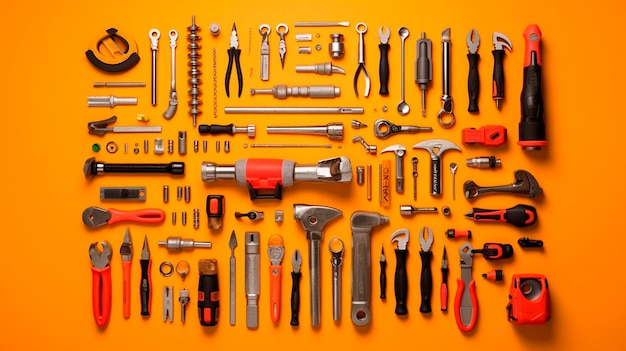 Фото Поразительное ноллинговое изображение рабочих инструментов организовано ярком оранжевом фоне генеративный ии