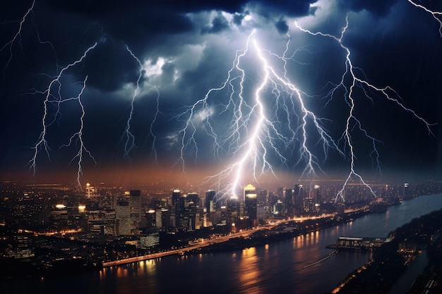 Striking Lightning Storm Over Cityscape Generative AI