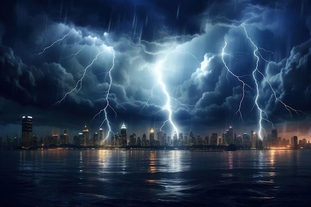 Striking Lightning Storm Over Cityscape Generative AI