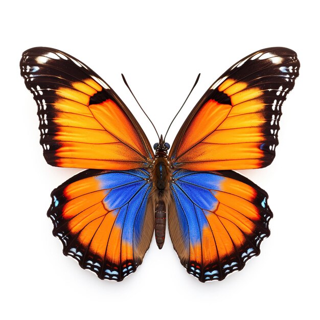 A striking orange and blue butterfly with open wings against a pure white backdrop