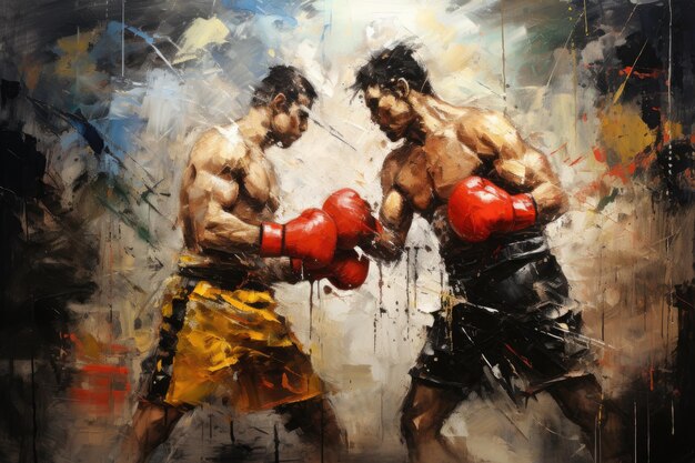 A striking painting capturing the intense physical combat between two men Professional box match Mixed media AI Generated