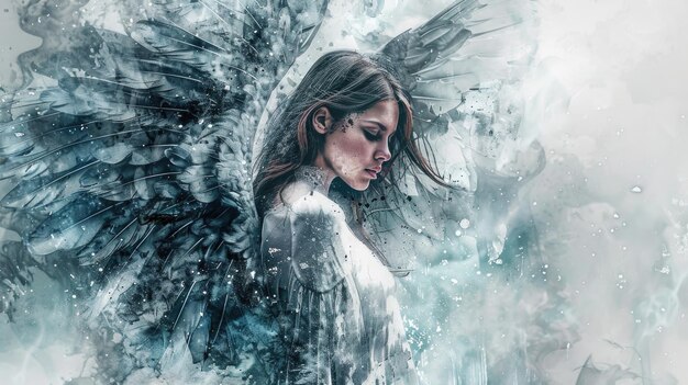 Foto un sorprendente dipinto di una donna con le ali nere perfetto per temi oscuri e misteriosi