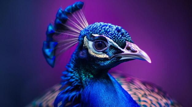 A striking peacock on a royal purple background